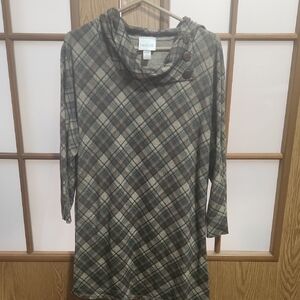 Liberty Lane Brown And Green Plaid Cowl Neck With Button Detail Tunic Top